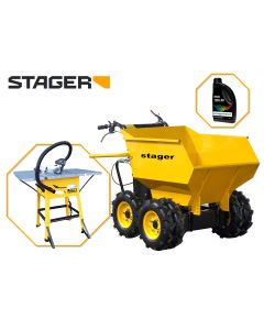 Pachet Stager RMT500 roaba cu motor termic 6.5CP, 500kg, 6 roti + FCM1600 Masa taiere cu ferastrau circular 1600W, 220V, 250mm + 1L ulei