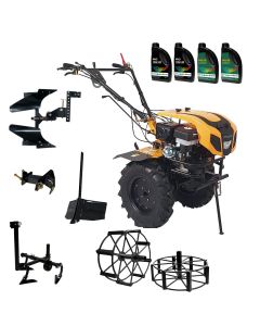 ProGARDEN Pachet Campo 1844 Motocultor 18CP + Plug bilonat + Plug reversibil + Prasitoare + Adaptor +  2 roti metalice 540x170 + 4L Ulei