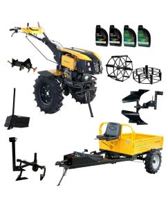 ProGARDEN Pachet Campo 1273 Alpine V2, Motocultor 12CP + PRS20-45 Prasitoare + Remorca RM500T+ Plug bilonat/rarita + Plug reversibil + Adaptor + 2 Roti metalice 540x170 + 4 L ulei
