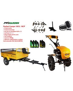Pachet motocultor Campo 1853, benzina, EURO5, 18CP, 2+1 trepte, remorca 600kg, accesorii, ulei motor si transmisie incluse