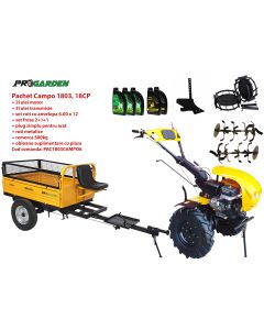 Pachet motocultor Campo 1803 benzina EURO5 18CP 2+1 trepte remorca 500kg accesorii ulei motor si transmisie incluse