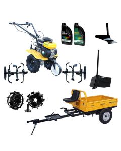 ProGARDEN Pachet Campo 703 Motocultor 7CP + Remorca RM500C + Plug simplu + Plug bilonat/rarita + 2 Roti metalice 350x6 + 2L Ulei