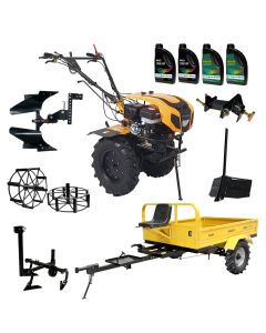 ProGARDEN Pachet Campo 1844 Motocultor 18CP + Remorca RM600C + Plug bilonat + Plug reversibil + Prasitoare + Adaptor +  2 roti metalice 540x170 + 4L Ulei