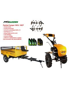 Pachet motocultor Campo 1853, benzina, EURO5, 18CP, 2+1 trepte, remorca 600kg ulei motor si transmisie incluse