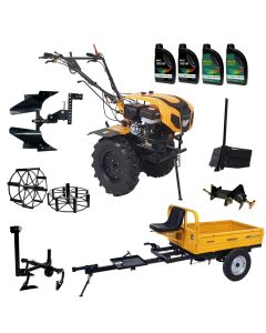 ProGARDEN Pachet Campo 1844 Motocultor 18CP + Remorca RM500C + Plug bilonat + Plug reversibil + Prasitoare + Adaptor + 2 Roti metalice 540x170 + 4L Ulei