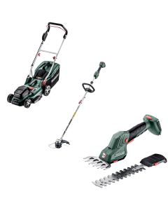 Pachet Masina de gazon METABO RM36-18 LTX BL36 cu 2 acumulatori LiPower 18V 5.2 Ah si 2 incarcatoare ASC55 Air Cooled + Trimmer METABO RTD 18 LTX BL30 + Foarfeca pentru iarba si arbusti METABO SGS18 LTX Q