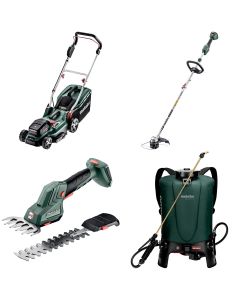 Pachet Masina de gazon METABO RM36-18 LTX BL36 cu 2 acumulatori LiPower 18V 5.2 Ah si 2 incarcatoare ASC55 Air Cooled + Trimmer METABO RTD 18 LTX BL30 + Foarfeca pentru iarba si arbusti METABO SGS18 LTX Q + Pulverizator METABO RSG 18 LTX 15