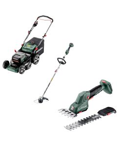 Pachet Masina de gazon METABO RM36-18 LTX BL46 cu 2 acumulatori LiPower 18V 5.2 Ah si 1 incarcator DUO ASC145 Air Cooled + Trimmer METABO RTD 18 LTX BL30 + Foarfeca pentru iarba si arbusti METABO SGS18 LTX Q