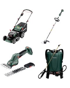 Pachet Masina de gazon METABO RM36-18 LTX BL46 cu 2 acumulatori LiPower 18V 5.2 Ah si 1 incarcator DUO ASC145 Air Cooled + Trimmer METABO RTD 18 LTX BL30 + Foarfeca pentru iarba si arbusti METABO SGS18 LTX Q + Pulverizator METABO RSG 18 LTX 15