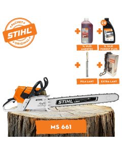 Motofierastrau profesional STIHL MS 661 putere 7.3CP lama 75 cm 1.6mm pas lant 3/8" 36RSC + ulei amestec 2T 1L + ulei forest plus 2L + extra lant + pila lant