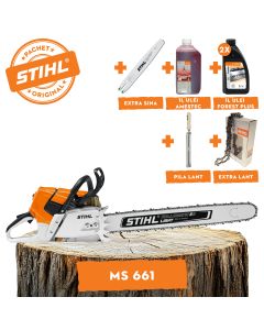 Motofierastrau profesional STIHL MS 661 putere 7.3CP lama 75 cm 1.6mm pas lant 3/8" 36RSC + ulei amestec 2T 1L + ulei forest plus 2L + extra lant + extra sina + pila lant