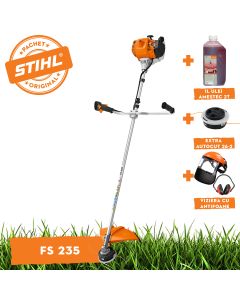 Motocoasa STIHL FS 235 putere 2.1 CP cap cositor AutoCut C 26-2 cutit taietor 250-3 ham pentru umeri + ulei amestec 2T 1L + extra AutoCut 26-2 + viziera cu antifoane