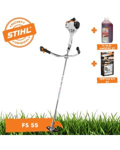 Motocoasa STIHL FS 55 motor 1 CP latime lucru 42cm cutit pentru iarba 230-2 chinga de transport + ulei amestec 2T 1L + service kit 24