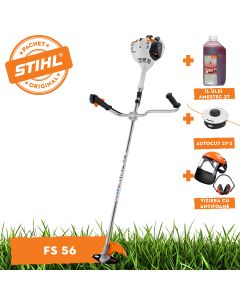 Motocoasa STIHL FS 56 motor 1.1 CP latime lucru 42cm cutit pentru iarba 230-2 chinga de transport + ulei amestec 2T 1L + AutoCut 27-2 + viziera cu antifoane