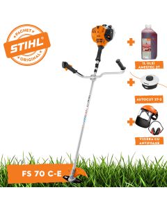 Motocoasa STIHL FS 70 C-E ErgoStart putere 1.2 CP latime lucru 42 cm cutit pentru iarba 230-2 chinga de transport + ulei amestec 2T 1L + AutoCut 27-2 + viziera cu antifoane