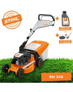 Masina de tuns iarba STIHL RM 248 T autopropulsata benzina latime taiere 46 cm inaltime reglabila cos colector 52 L + ulei motor 10W-30 0.6L + kit ingrijire si curatare