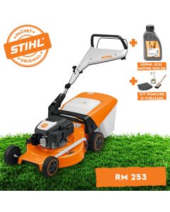 Masina de tuns iarba STIHL RM 253 benzina latime taiere 51 cm inaltime reglabila cos colector 55 L + ulei motor 10W-30 0.6L + kit ingrijire si curatare