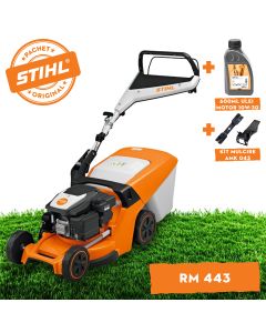 Masina de tuns iarba STIHL RM 443 benzina actionare prin impingere latime taiere 41 cm cos colector 52 L + ulei motor 10W-30 0.6L + kit mulcire AMK 043