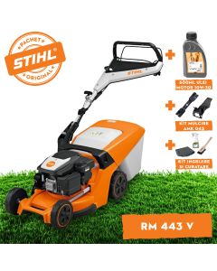 Masina de tuns iarba STIHL RM 443 V benzina autopropulsata latime taiere 41 cm cos colector 52 L + ulei motor 10W-30 0.6L + kit mulcire AMK 043 + kit ingrijire si curatare