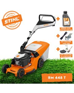 Masina de tuns iarba STIHL RM 448 T benzina autopropulsata latime taiere 46 cm cos colector 52 L + ulei motor 10W-30 0.6L + kit mulcire AMK 048 + kit ingrijire si curatare