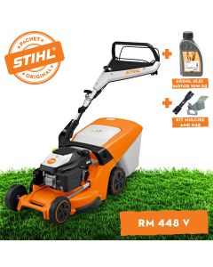 Masina de tuns iarba STIHL RM 448 V benzina autopropulsata latime taiere 46 cm cos colector 52 L + ulei motor 10W-30 0.6L + kit mulcire AMK 048