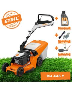 Masina de tuns iarba STIHL RM 448 V benzina autopropulsata latime taiere 46 cm cos colector 52 L + ulei motor 10W-30 0.6L + kit mulcire AMK 048 + kit ingrijire si curatare