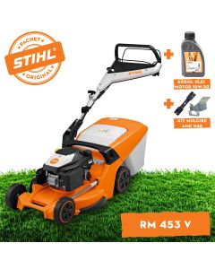 Masina de tuns gazonul STIHL RM 453.3 V benzina autopropulsata latime taiere 51 cm cos colector 55 L + ulei motor 10W-30 0.6L + kit mulcire AMK 048