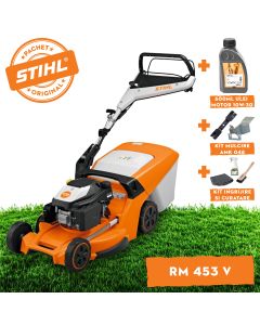 Masina de tuns gazonul STIHL RM 453.3 V benzina autopropulsata latime taiere 51 cm cos colector 55 L + ulei motor 10W-30 0.6L + kit mulcire AMK 048 + kit ingrijire si curatare