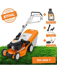 Masina pentru tuns gazonul STIHL RM 650 T autopropulsata latime taiere 48 cm cos 70 l 3.5 CP benzina + ulei motor 10W-30 0.6L + kit mulcire AMK 045 + kit ingrijire si curatare
