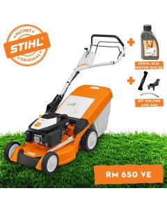 Masina pentru tuns gazonul STIHL RM 650.1 VE autopropulsata Electric-start latime taiere 48 cm cos 70 l 3.5 CP benzina + ulei motor 10W-30 0.6L + kit mulcire AMK 045
