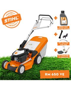Masina pentru tuns gazonul STIHL RM 650.1 VE autopropulsata Electric-start latime taiere 48 cm cos 70 l 3.5 CP benzina + ulei motor 10W-30 0.6L + kit mulcire AMK 045 + kit ingrijire si curatare
