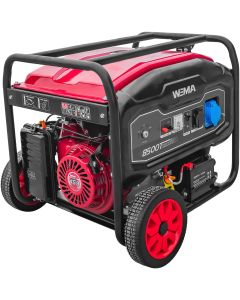 Generator curent Weima WM 8500 E motor 18 CP 4 timpi putere maxima 8kVA 230V benzina rezervor 28 l pornire electrica roti si maner transport